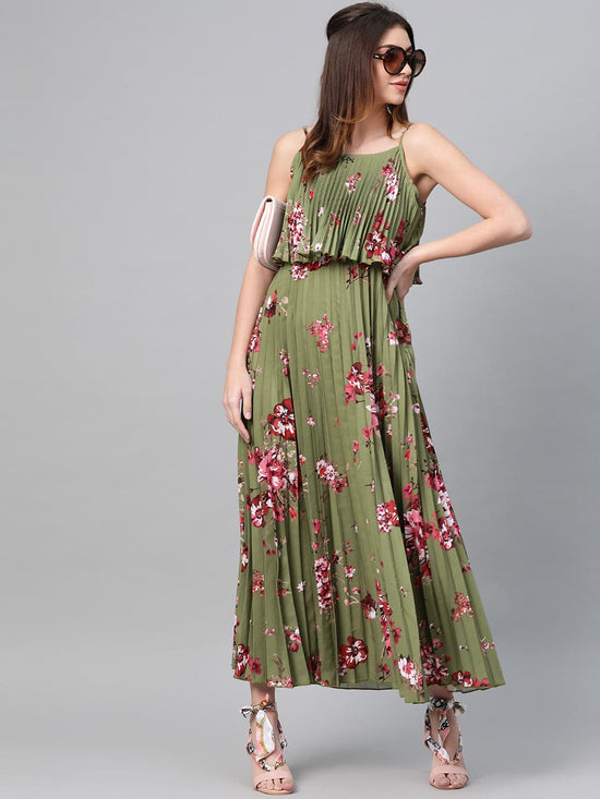 Olive Floral Strappy Pleated Maxi Dress