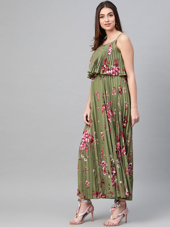 Olive Floral Strappy Pleated Maxi Dress