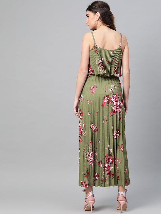 Olive Floral Strappy Pleated Maxi Dress