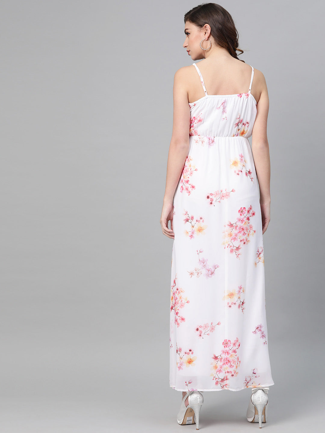 Women White Floral Strappy Maxi Dress