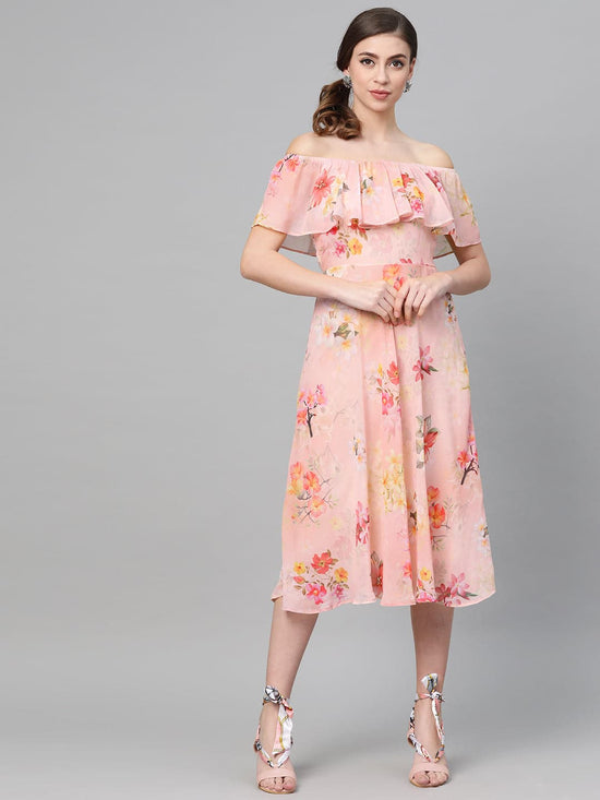 Peach Floral Off Shoulder Midi Dress