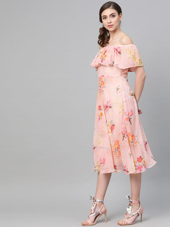 Peach Floral Off Shoulder Midi Dress