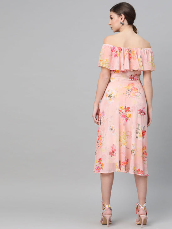 Peach Floral Off Shoulder Midi Dress