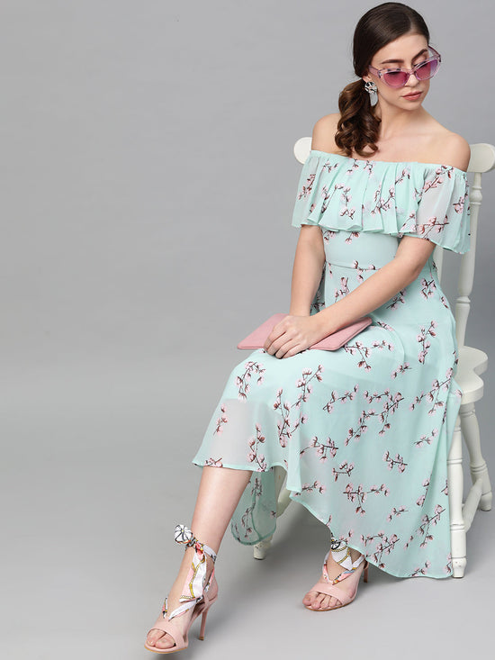 Sea Green Floral Off Shoulder Midi Dress