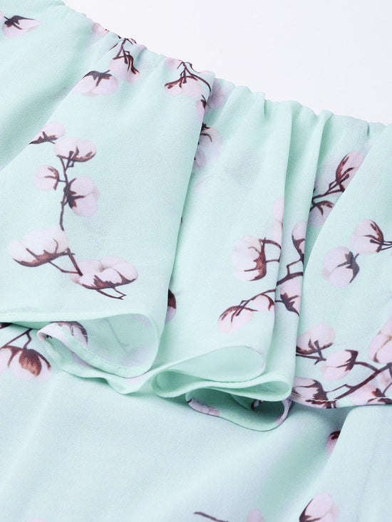 Sea Green Floral Off Shoulder Midi Dress