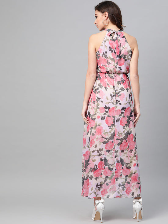 Beige Floral Halter Neck Maxi Dress