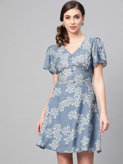 Dark Blue Floral Flared Skater Dress