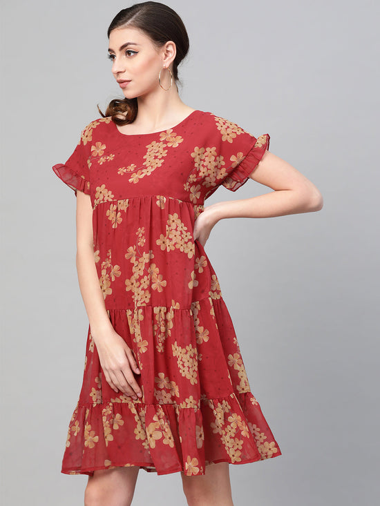 Red Floral Tiered Trapeze Dress