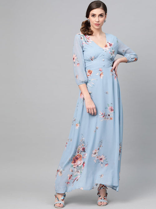 Pale Blue Floral Flared Maxi Dress