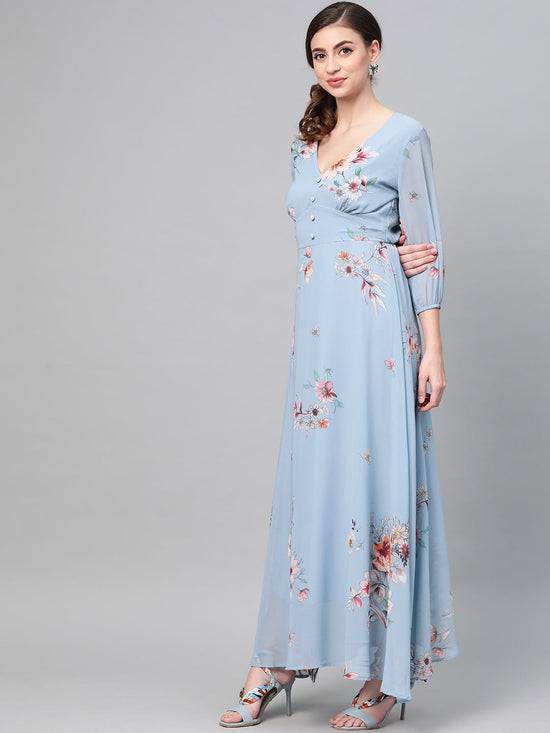 Pale Blue Floral Flared Maxi Dress