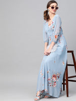 Pale Blue Floral Flared Maxi Dress