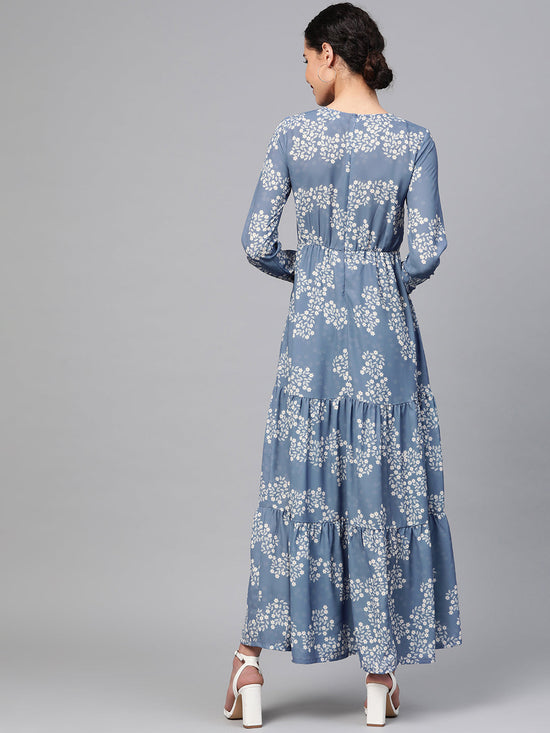 Dark Blue Floral Tiered Maxi