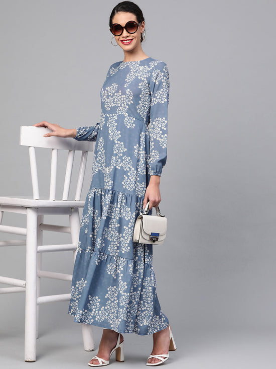 Dark Blue Floral Tiered Maxi