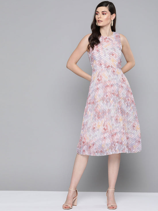 Peach Tile Print Pleated Midi Dress