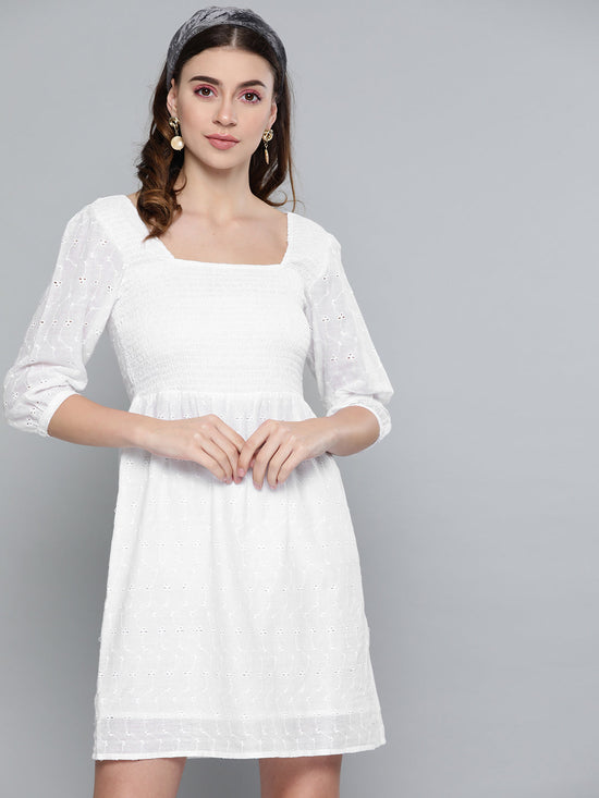 White Schiffli Smocking Skater Dress