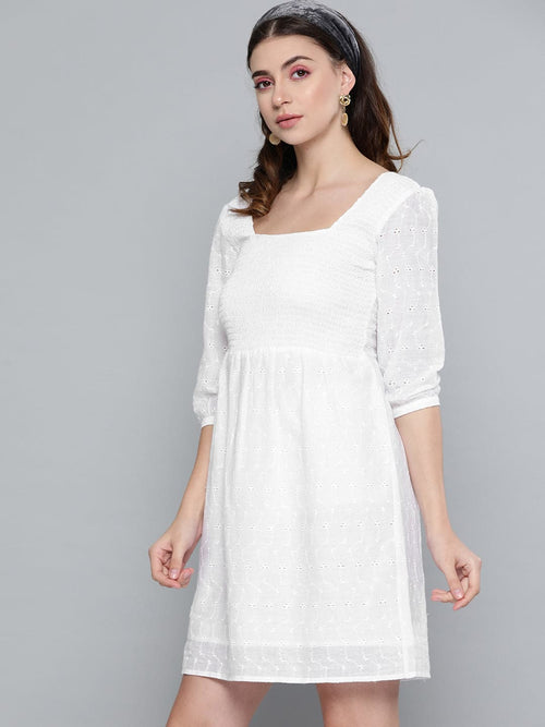 White Schiffli Smocking Skater Dress