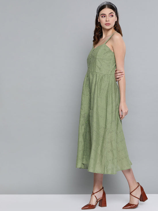 Olive Schiffli Front Button Strappy Dress