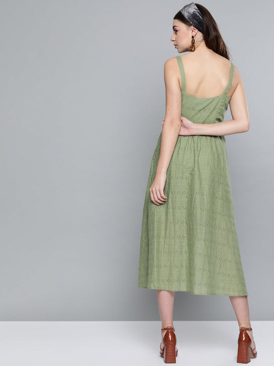 Olive Schiffli Front Button Strappy Dress