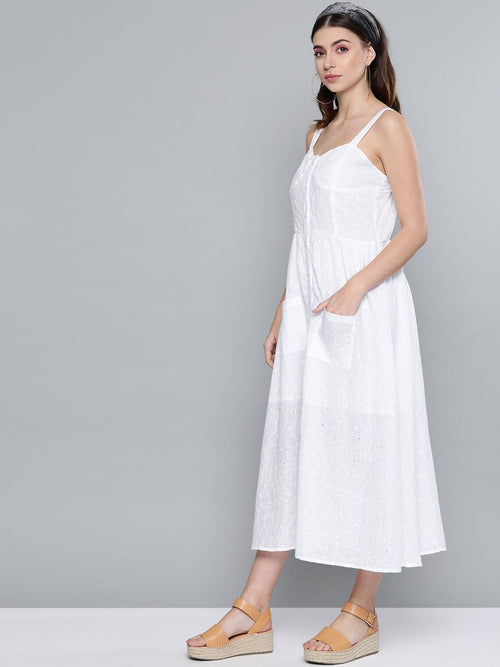 White Schiffli Front Button Strappy Dress