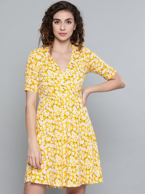 Yellow Ditsy Floral Wrap Skater Dress