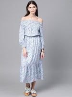 Blue Paisley Smocked Bardot Midi Dress