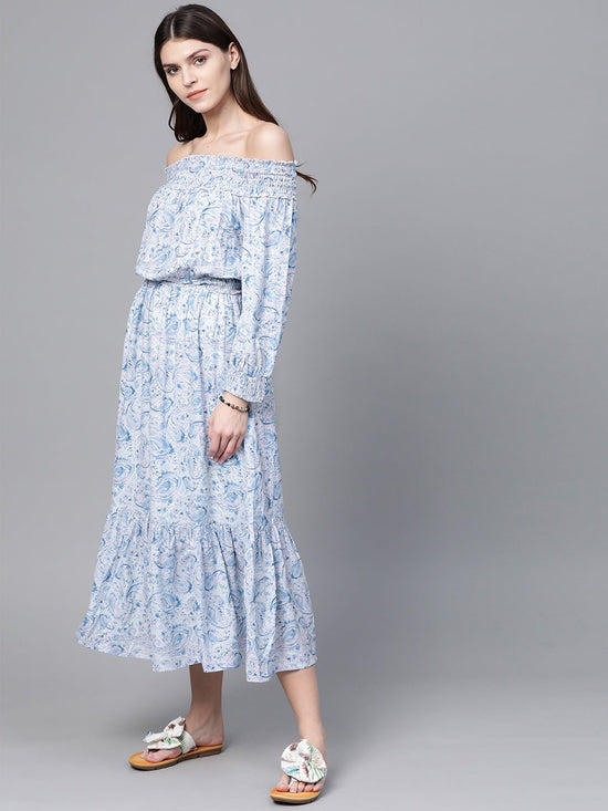 Blue Paisley Smocked Bardot Midi Dress