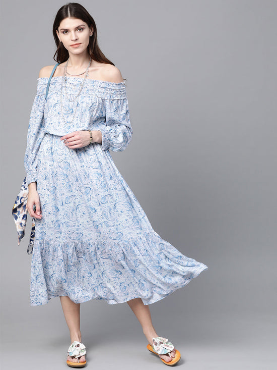 Blue Paisley Smocked Bardot Midi Dress