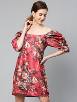Red Floral Puff Sleeve Shift Dress