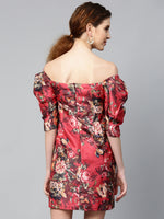 Red Floral Puff Sleeve Shift Dress