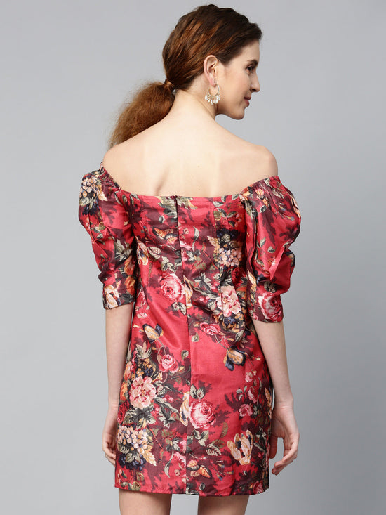 Red Floral Puff Sleeve Shift Dress