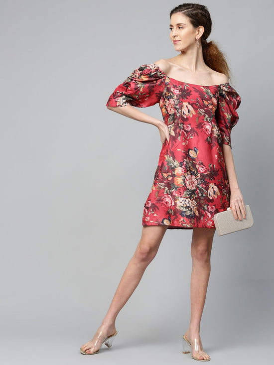 Red Floral Puff Sleeve Shift Dress