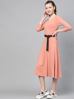 Peach Skater Belted Midi Dress