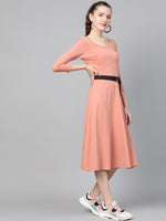 Peach Skater Belted Midi Dress