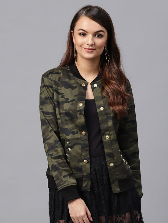 Camouflage Buttoned Bomber Jacket