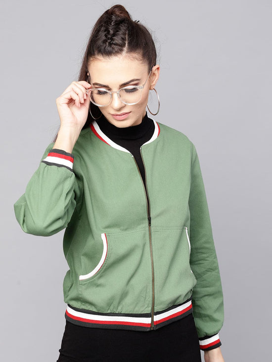 Olive Denim Striped Rib Bomber Jacket