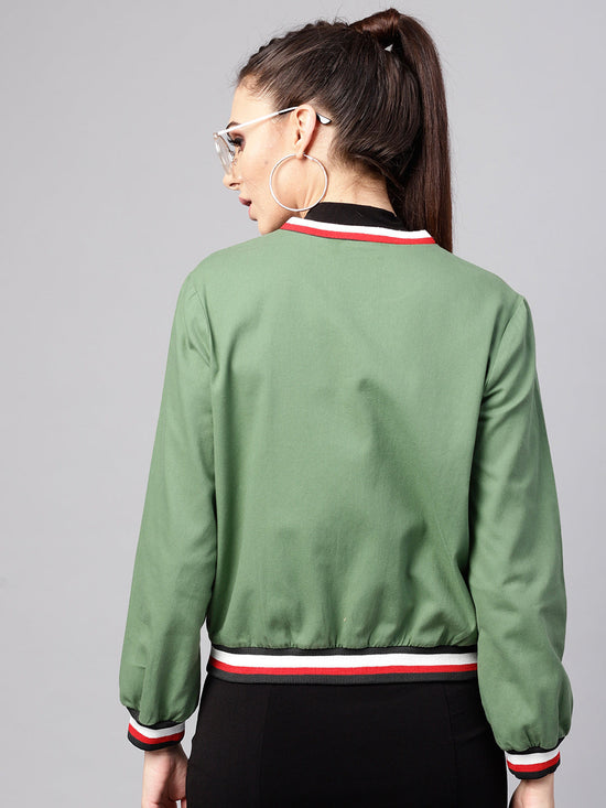 Olive Denim Striped Rib Bomber Jacket