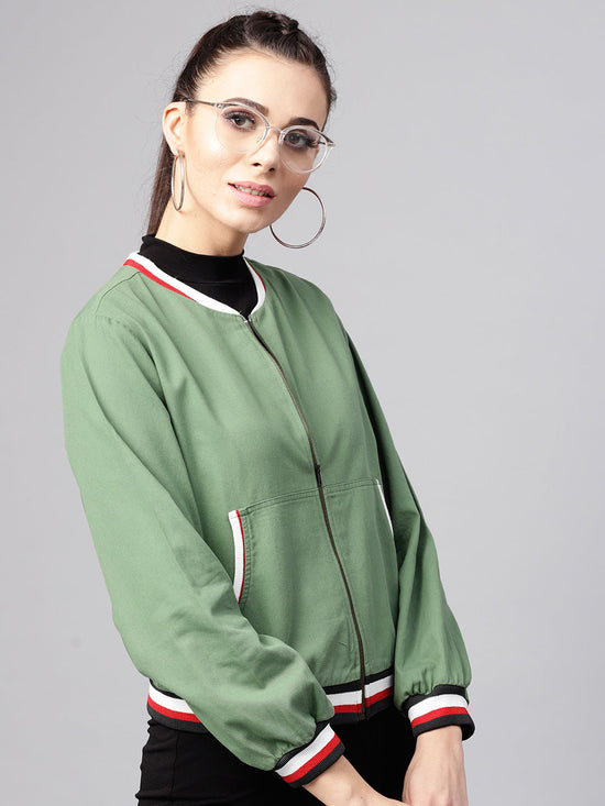 Olive Denim Striped Rib Bomber Jacket