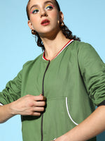 Women Olive Denim Striped Rib Bomber Jacket