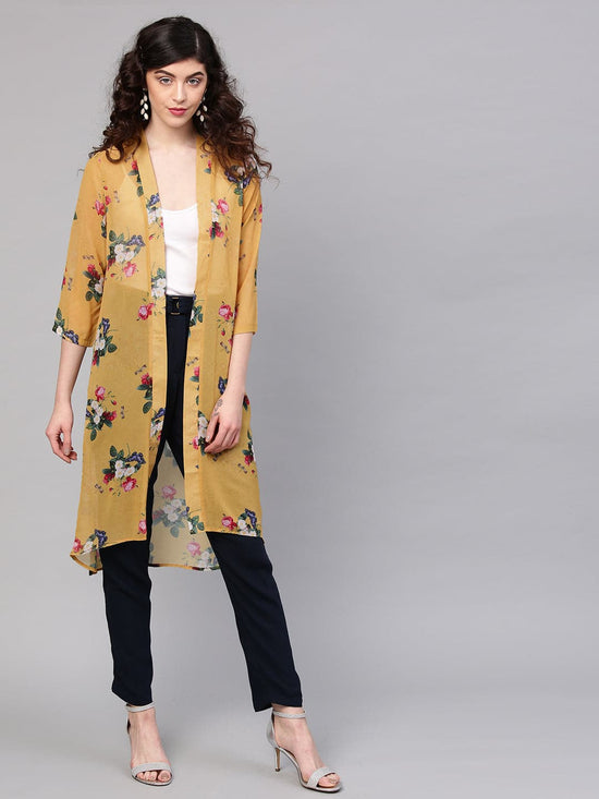 Mustard Floral Front Open Shrug