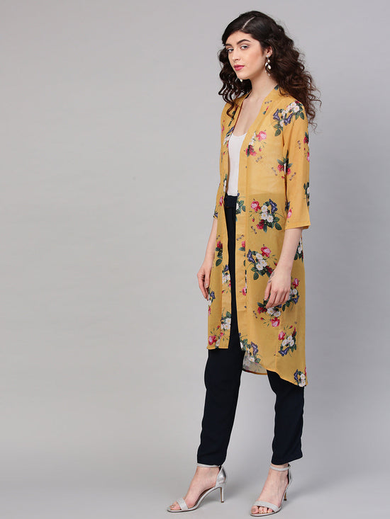 Mustard Floral Front Open Shrug