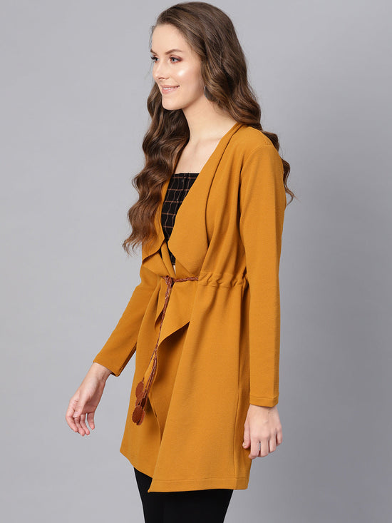 Mustard Waterfall Shrug With PU Tie Belt