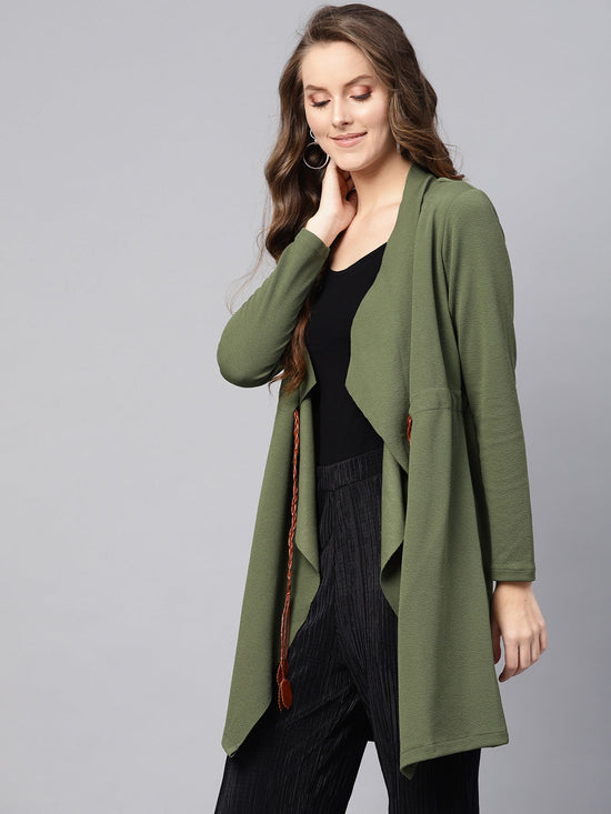 Olive Waterfall Shrug With PU Tie belt