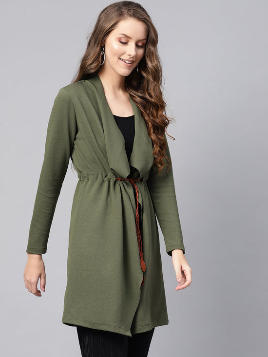 Olive Waterfall Shrug With PU Tie belt