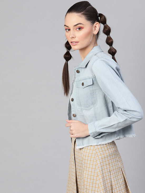 Light Blue Denim Raw Edge Crop Jacket