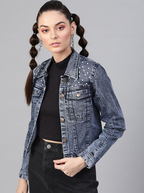 Blue Denim Pearl Studded Jacket