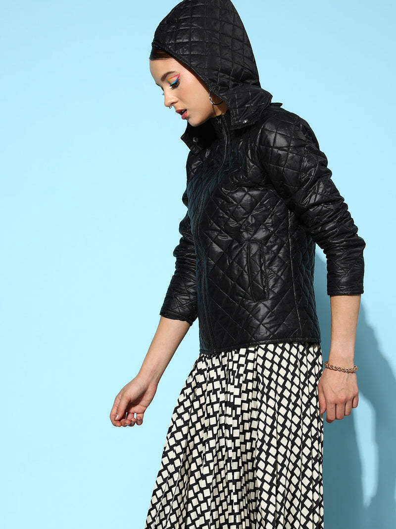 Women Black Quilted Hooded Puffer Jacket
