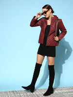 Women Burgundy Quilted Hooded Puffer Jacket