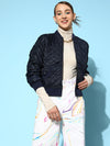 Women Navy Quilted Bomber Jacket