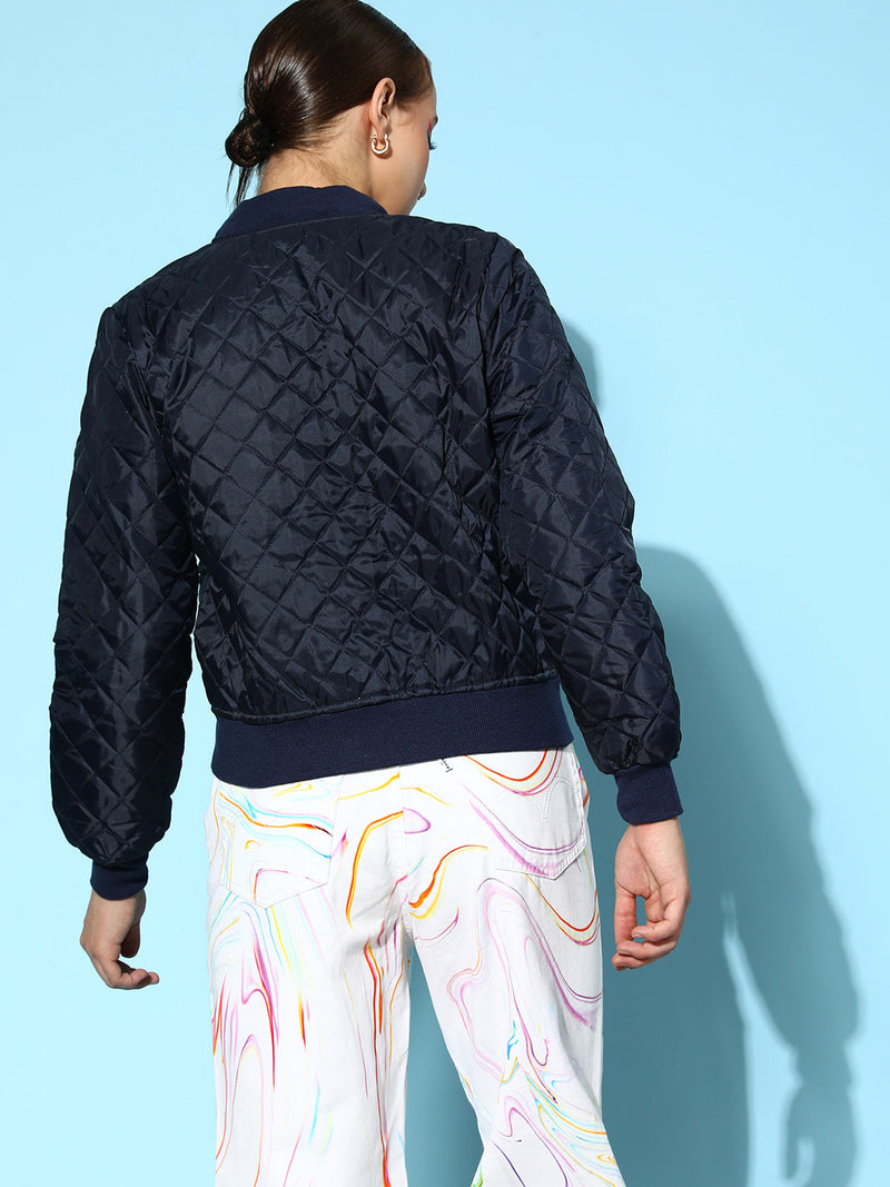 Women Navy Quilted Bomber Jacket