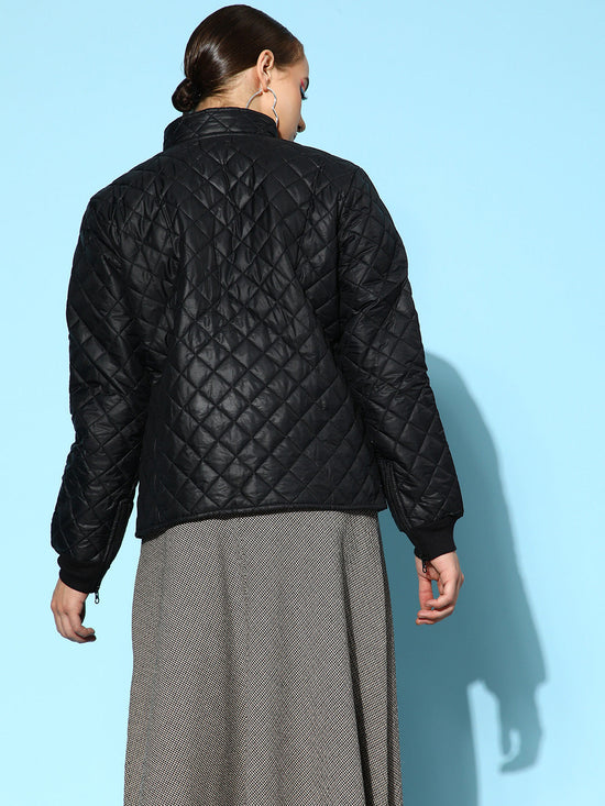 Women Black Quilted Jacket With Zip On Sleeves